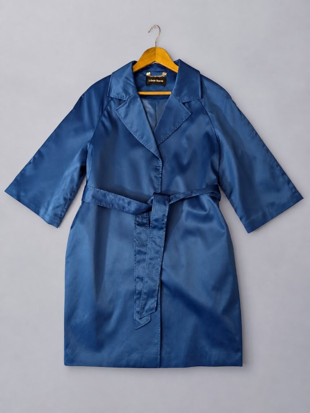 Royal Blue Satin Trench Coat Dress Belted 3/4 Sleeves Lined - Picture 2 of 8